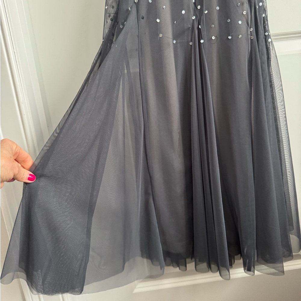 Nightway Sequined Halter Formal Gown Charcoal Gray Mesh Maxi Prom Dress 8 - Picture 13 of 14